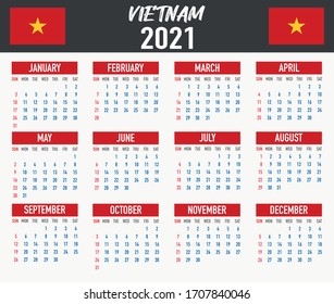2021 year calendar with national flag of country Vietnam. Month, day, week. Colorful palette, trendy, simply design. Vector illustration for web, business, reminder, planner