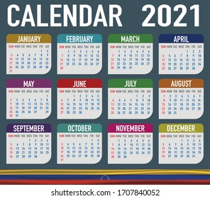 2021 year calendar with national flag of country Venezuela. Month, day, week. Colorful palette, trendy, simply design. Vector illustration for web, business, reminder, planner