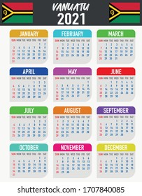 2021 year calendar with national flag of country Vanuatu. Month, day, week. Colorful palette, trendy, simply design. Vector illustration for web, business, reminder, planner