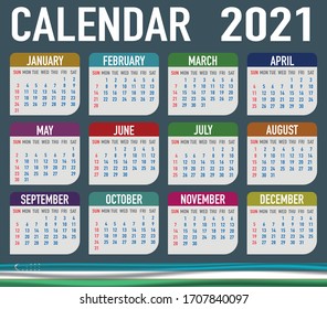 2021 year calendar with national flag of country Uzbekistan. Month, day, week. Colorful palette, trendy, simply design. Vector illustration for web, business, reminder, planner