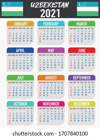 2021 year calendar with national flag of country Uzbekistan. Month, day, week. Colorful palette, trendy, simply design. Vector illustration for web, business, reminder, planner