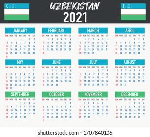 2021 year calendar with national flag of country Uzbekistan. Month, day, week. Colorful palette, trendy, simply design. Vector illustration for web, business, reminder, planner