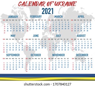 2021 year calendar with national flag of country Ukraine. Month, day, week. Colorful palette, trendy, simply design. Vector illustration for web, business, reminder, planner