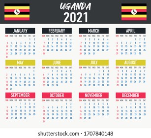 2021 year calendar with national flag of country Uganda. Month, day, week. Colorful palette, trendy, simply design. Vector illustration for web, business, reminder, planner