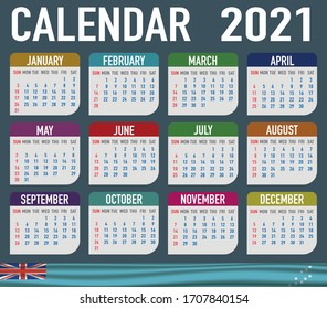 2021 year calendar with national flag of country Tuvalu. Month, day, week. Colorful palette, trendy, simply design. Vector illustration for web, business, reminder, planner