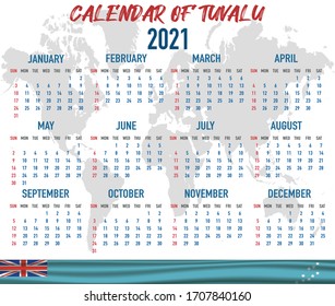 2021 year calendar with national flag of country Tuvalu. Month, day, week. Colorful palette, trendy, simply design. Vector illustration for web, business, reminder, planner