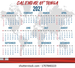 2021 year calendar with national flag of country Tonga. Month, day, week. Colorful palette, trendy, simply design. Vector illustration for web, business, reminder, planner