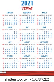 2021 year calendar with national flag of country Tonga. Month, day, week. Colorful palette, trendy, simply design. Vector illustration for web, business, reminder, planner