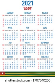 2021 year calendar with national flag of country Togo. Month, day, week. Colorful palette, trendy, simply design. Vector illustration for web, business, reminder, planner