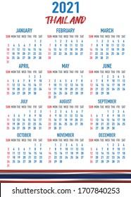 2021 year calendar with national flag of country Thailand. Month, day, week. Colorful palette, trendy, simply design. Vector illustration for web, business, reminder, planner
