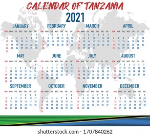 2021 year calendar with national flag of country Tanzania. Month, day, week. Colorful palette, trendy, simply design. Vector illustration for web, business, reminder, planner