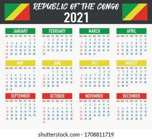 2021 year calendar with national flag of country Republic of the Congo. Month, day, week. Colorful palette, trendy, simply design. Vector illustration for web, business, reminder, planner