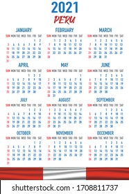 2021 year calendar with national flag of country Peru. Month, day, week. Colorful palette, trendy, simply design. Vector illustration for web, business, reminder, planner