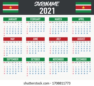 2021 year calendar with national flag of country Suriname. Month, day, week. Colorful palette, trendy, simply design. Vector illustration for web, business, reminder, planner