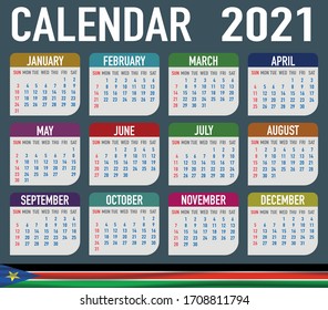 2021 year calendar with national flag of country South Sudan. Month, day, week. Colorful palette, trendy, simply design. Vector illustration for web, business, reminder, planner