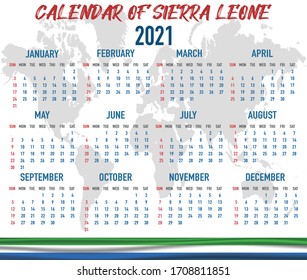 2021 year calendar with national flag of country Sierra Leone. Month, day, week. Colorful palette, trendy, simply design. Vector illustration for web, business, reminder, planner