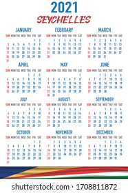 2021 year calendar with national flag of country Seychelles. Month, day, week. Colorful palette, trendy, simply design. Vector illustration for web, business, reminder, planner