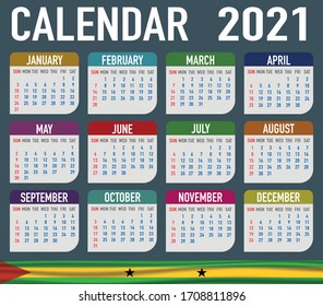 2021 Year Calendar With National Flag Of Country Sao Tome And Principe. Month, Day, Week. Colorful Palette, Trendy, Simply Design. Vector Illustration For Web, Business, Reminder, Planner