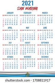 2021 year calendar with national flag of country San Marino. Month, day, week. Colorful palette, trendy, simply design. Vector illustration for web, business, reminder, planner