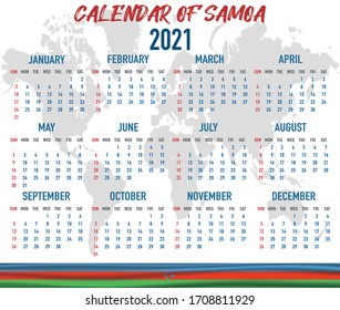 2021 year calendar with national flag of country Samoa. Month, day, week. Colorful palette, trendy, simply design. Vector illustration for web, business, reminder, planner