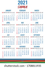 2021 year calendar with national flag of country Samoa. Month, day, week. Colorful palette, trendy, simply design. Vector illustration for web, business, reminder, planner