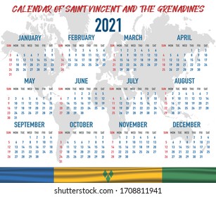 2021 year calendar with national flag of country Saint Vincent and the Grenadines. Month, day, week. Colorful palette, trendy, simply design. Vector illustration for web, business, reminder, planner