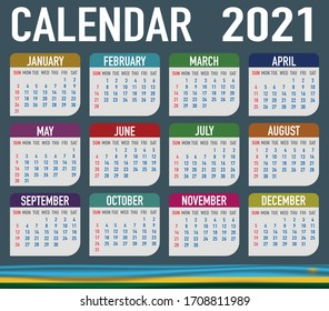 2021 year calendar with national flag of country RWANDA. Month, day, week. Colorful palette, trendy, simply design. Vector illustration for web, business, reminder, planner