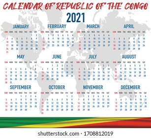 2021 year calendar with national flag of country Republic of the Congo. Month, day, week. Colorful palette, trendy, simply design. Vector illustration for web, business, reminder, planner