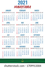 2021 year calendar with national flag of country Mauritania. Month, day, week. Colorful palette, trendy, simply design. Vector illustration for web, business, reminder, planner