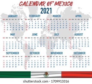 2021 year calendar with national flag of country Mexico. Month, day, week. Colorful palette, trendy, simply design. Vector illustration for web, business, reminder, planner