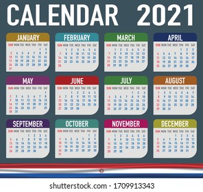 2021 year calendar with national flag of country Paraguay. Month, day, week. Colorful palette, trendy, simply design. Vector illustration for web, business, reminder, planner