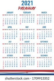 2021 year calendar with national flag of country Paraguay. Month, day, week. Colorful palette, trendy, simply design. Vector illustration for web, business, reminder, planner