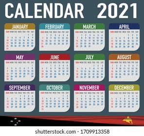 2021 year calendar with national flag of country Papua New Guinea. Month, day, week. Colorful palette, trendy, simply design. Vector illustration for web, business, reminder, planner