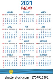 2021 year calendar with national flag of country Palau. Month, day, week. Colorful palette, trendy, simply design. Vector illustration for web, business, reminder, planner