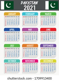 2021 year calendar with national flag of country Pakistan. Month, day, week. Colorful palette, trendy, simply design. Vector illustration for web, business, reminder, planner
