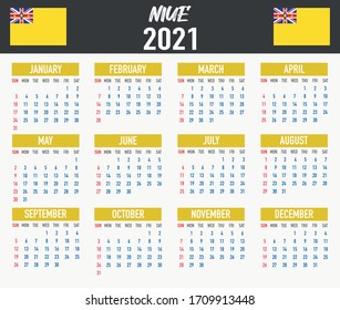 2021 year calendar with national flag of country Niue. Month, day, week. Colorful palette, trendy, simply design. Vector illustration for web, business, reminder, planner