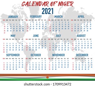2021 year calendar with national flag of country Niger. Month, day, week. Colorful palette, trendy, simply design. Vector illustration for web, business, reminder, planner