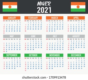 2021 year calendar with national flag of country Niger. Month, day, week. Colorful palette, trendy, simply design. Vector illustration for web, business, reminder, planner