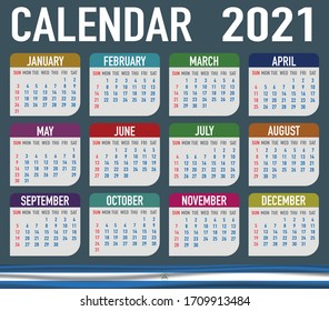 2021 year calendar with national flag of country Nicaragua. Month, day, week. Colorful palette, trendy, simply design. Vector illustration for web, business, reminder, planner