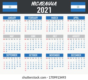 2021 year calendar with national flag of country Nicaragua. Month, day, week. Colorful palette, trendy, simply design. Vector illustration for web, business, reminder, planner