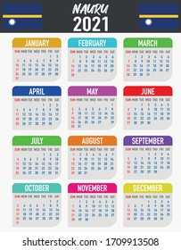 2021 year calendar with national flag of country Nauru. Month, day, week. Colorful palette, trendy, simply design. Vector illustration for web, business, reminder, planner