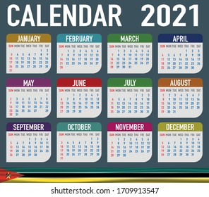 2021 year calendar with national flag of country Mozambique. Month, day, week. Colorful palette, trendy, simply design. Vector illustration for web, business, reminder, planner