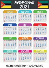 2021 year calendar with national flag of country Mozambique. Month, day, week. Colorful palette, trendy, simply design. Vector illustration for web, business, reminder, planner