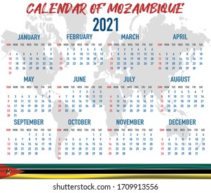2021 year calendar with national flag of country Mozambique. Month, day, week. Colorful palette, trendy, simply design. Vector illustration for web, business, reminder, planner
