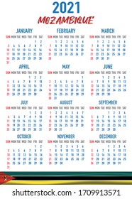 2021 year calendar with national flag of country Mozambique. Month, day, week. Colorful palette, trendy, simply design. Vector illustration for web, business, reminder, planner