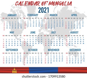 2021 year calendar with national flag of country Mongolia. Month, day, week. Colorful palette, trendy, simply design. Vector illustration for web, business, reminder, planner