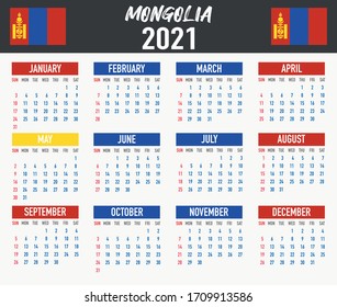2021 year calendar with national flag of country Mongolia. Month, day, week. Colorful palette, trendy, simply design. Vector illustration for web, business, reminder, planner