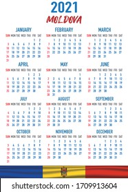 2021 year calendar with national flag of country Moldova. Month, day, week. Colorful palette, trendy, simply design. Vector illustration for web, business, reminder, planner