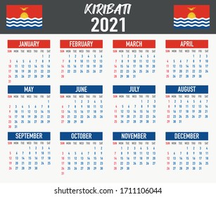 2021 year calendar with national flag of country Kiribati. Month, day, week. Colorful palette, trendy, simply design. Vector illustration for web, business, reminder, planner