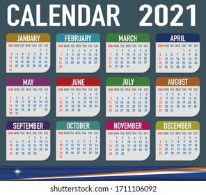 2021 year calendar with national flag of country Marshall Islands. Month, day, week. Colorful palette, trendy, simply design. Vector illustration for web, business, reminder, planner